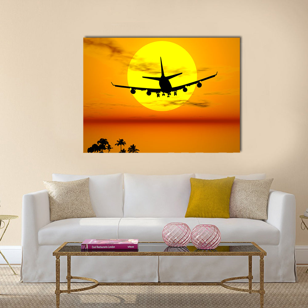 Airplane Silhouette Over Tropical Sunset Canvas Wall Art