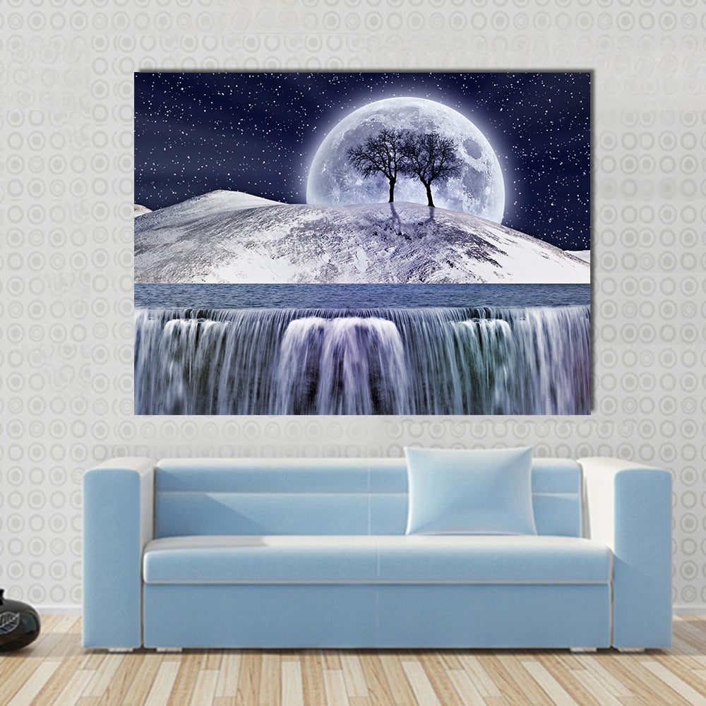 Winter Moonlight Landscape with Waterfall Canvas Wall Art
