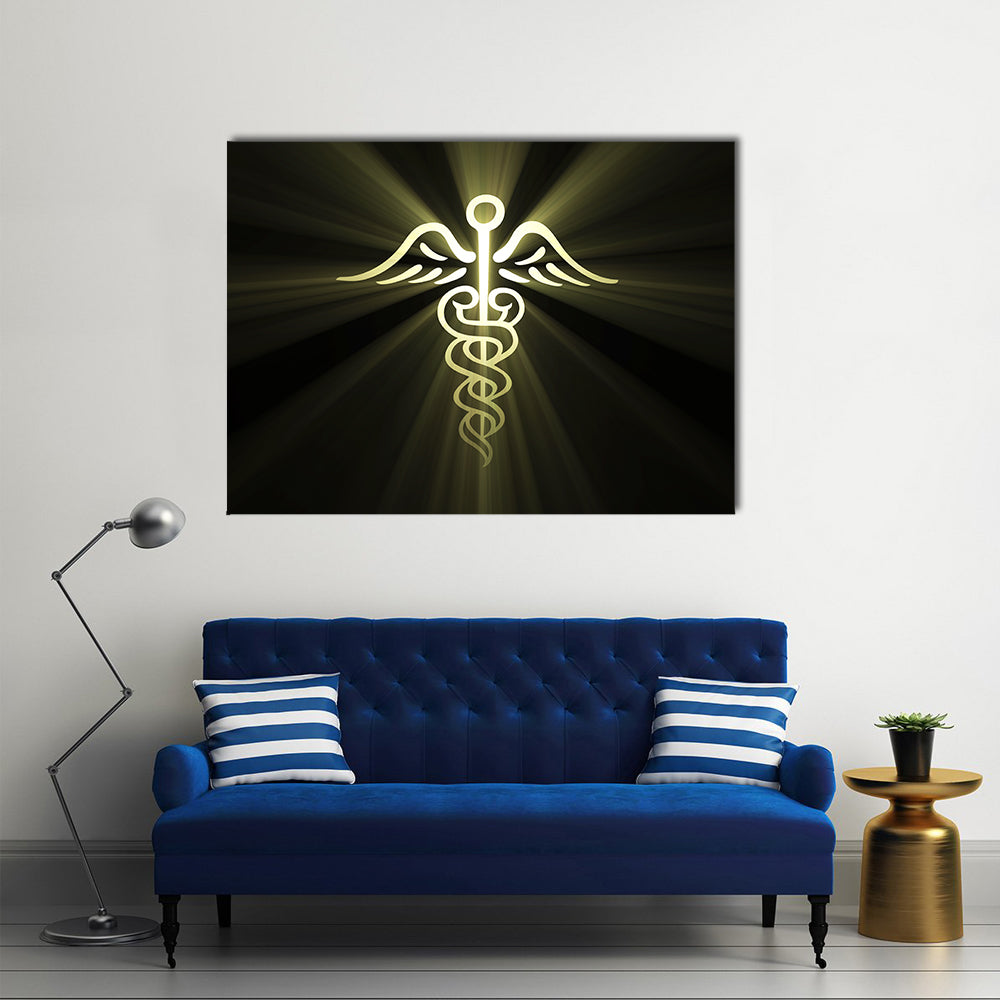 Golden Caduceus with Radiant Light Canvas Wall Art