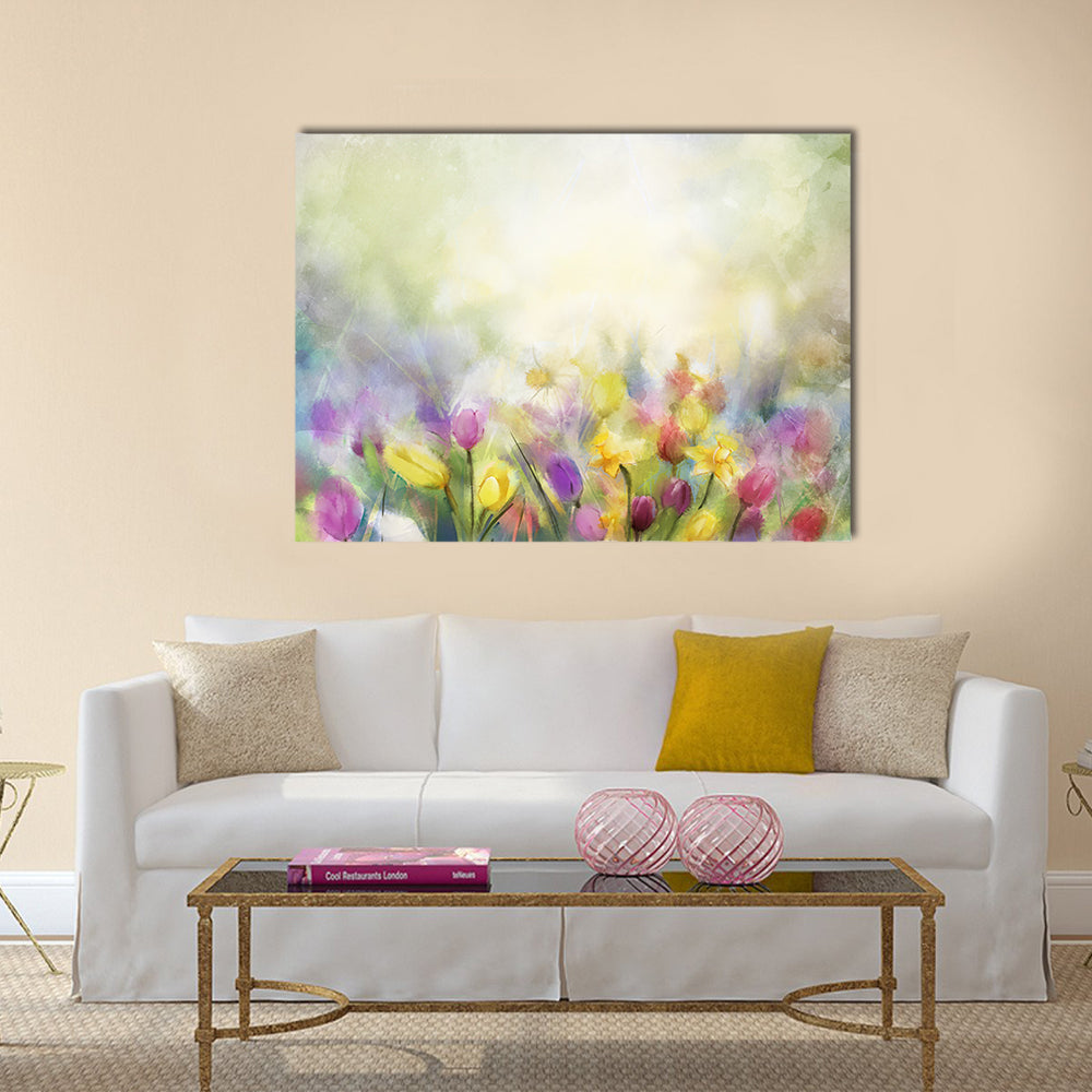 Watercolor Daffodil and Tulip Meadow Canvas Wall Art