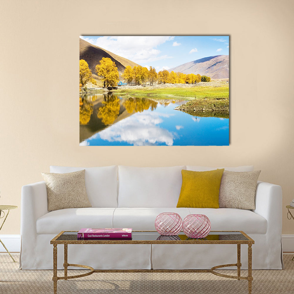 Autumn Mountain Lake with Golden Trees Canvas Wall Art
