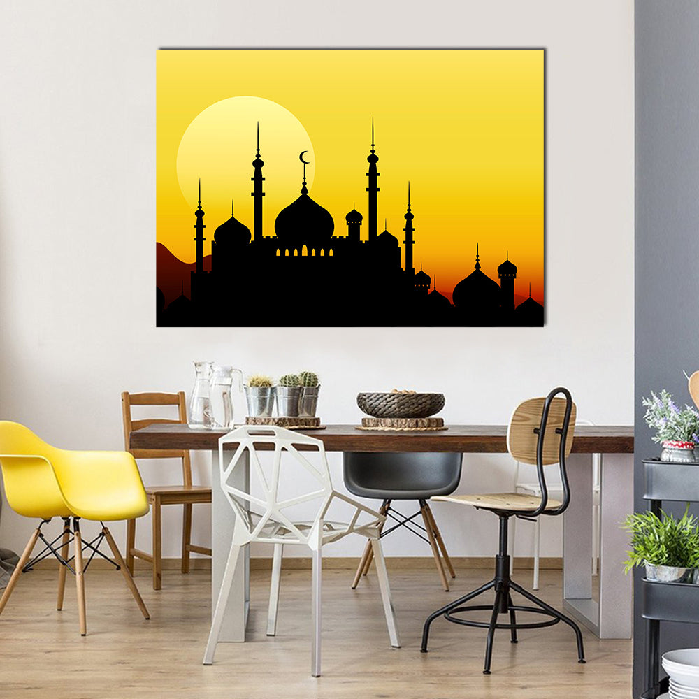 Ramadan Mosque Silhouette with Golden Sun Canvas Wall Art