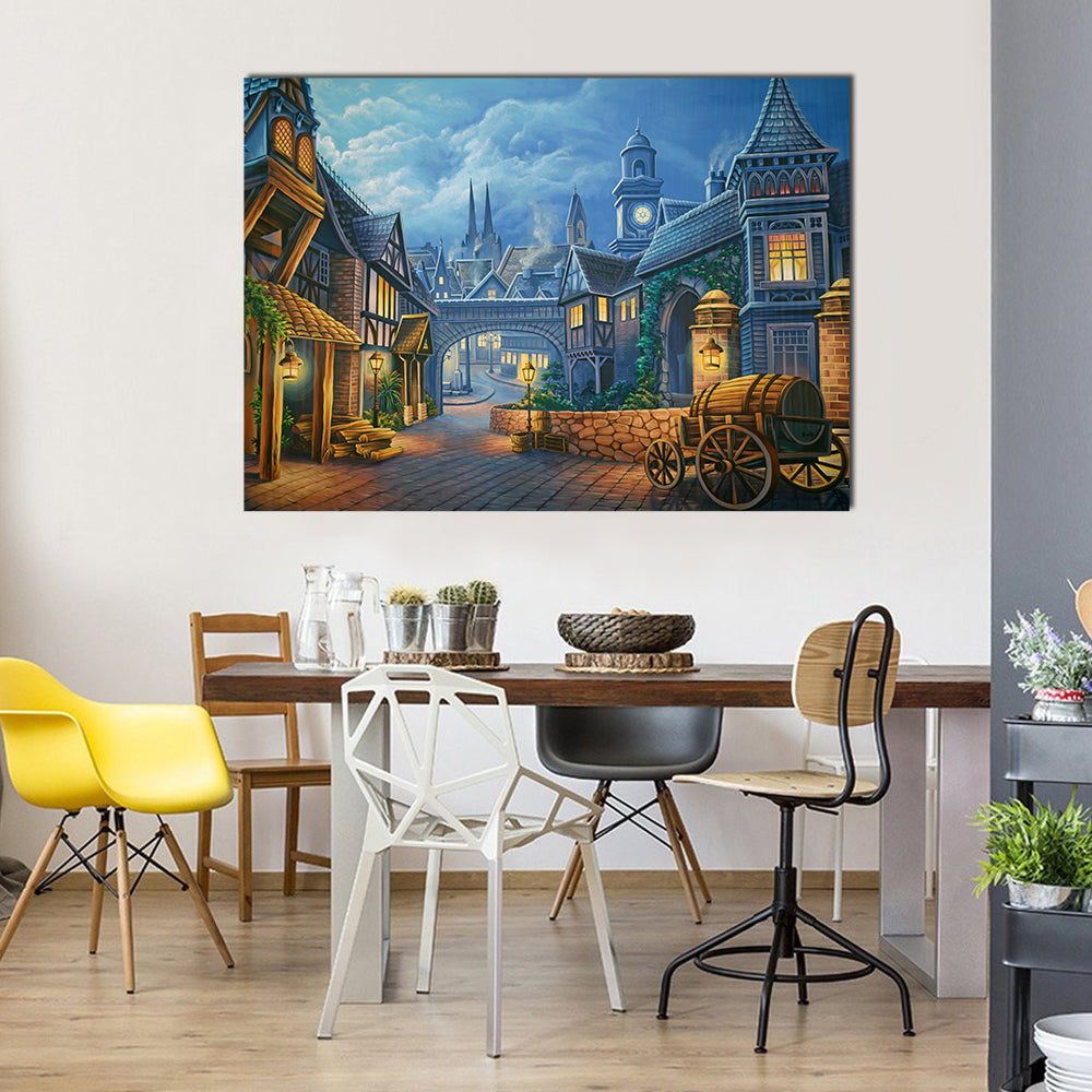 Twilight Medieval Village Through Stone Archway Canvas Wall Art