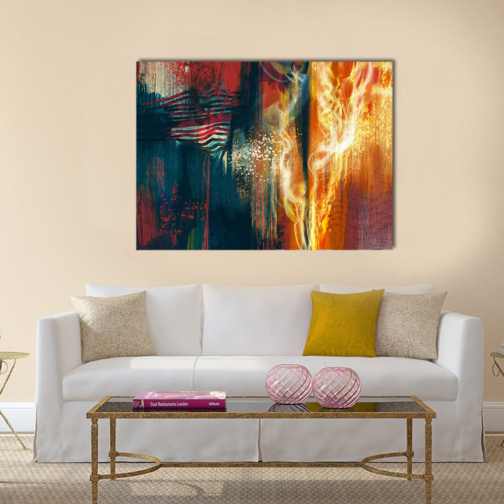 Abstract American Flag in Flames Canvas Wall Art