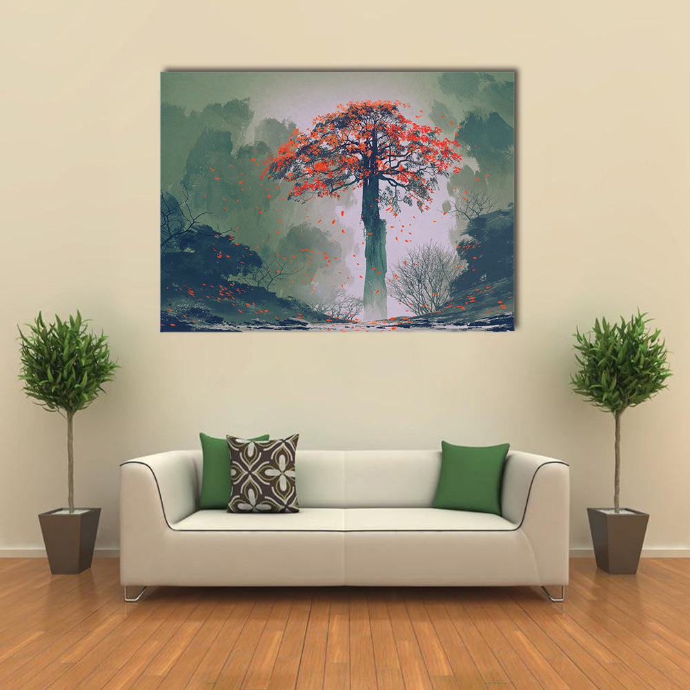 Misty Red Tree in Autumn Forest Canvas Wall Art