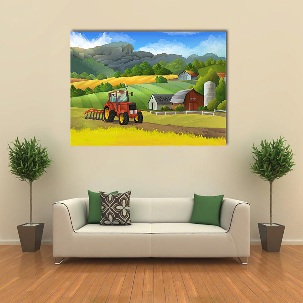 Red Tractor on Sunny Farm Landscape Canvas Wall Art