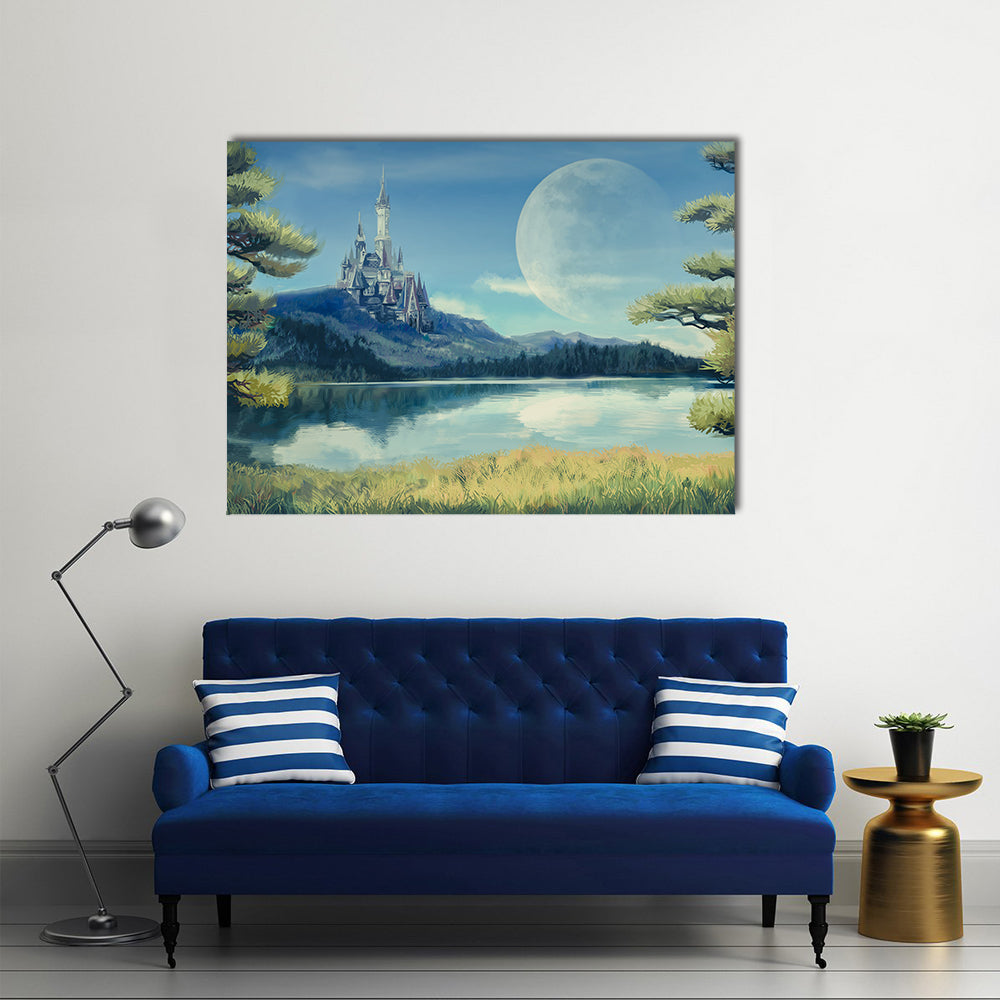 Gothic Castle by Moonlit Lake Canvas Wall Art