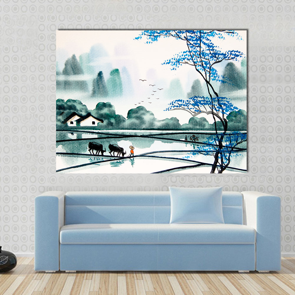 Misty Chinese Watercolor Landscape Canvas Wall Art