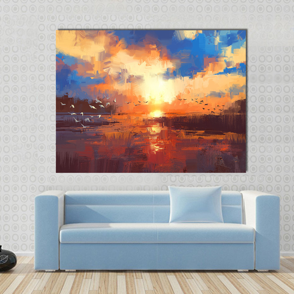 Golden Sunset Over Lake with Birds Canvas Wall Art