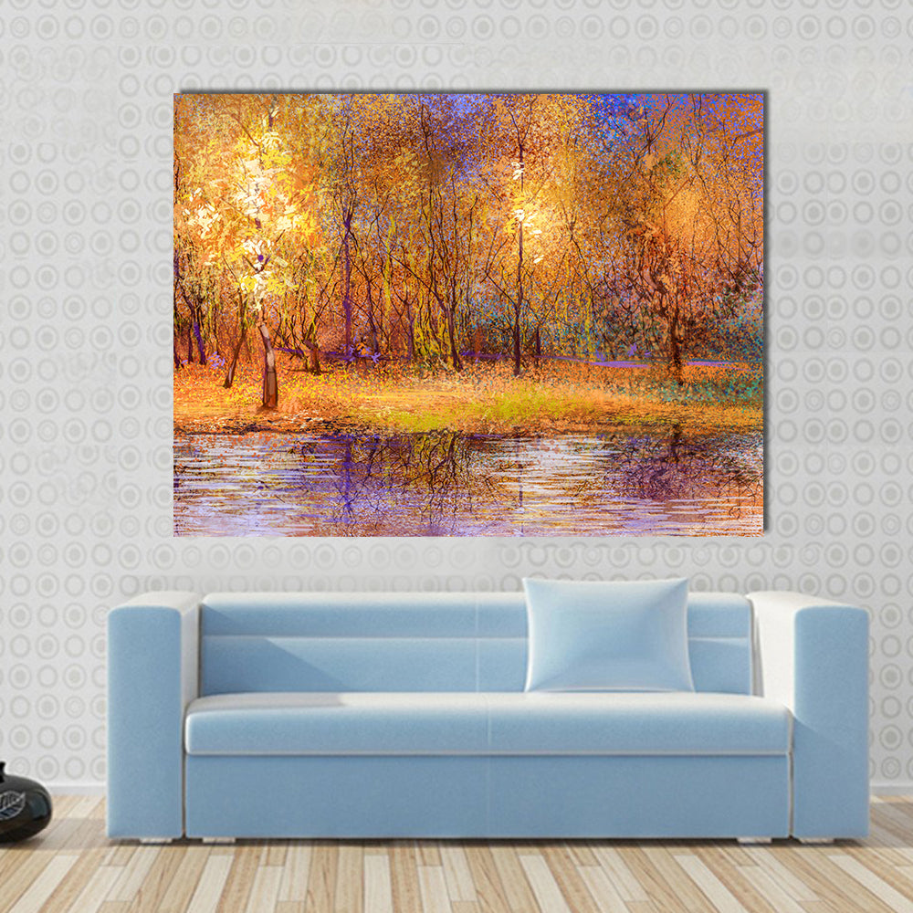 Colorful Autumn Trees at Lakeside Canvas Wall Art