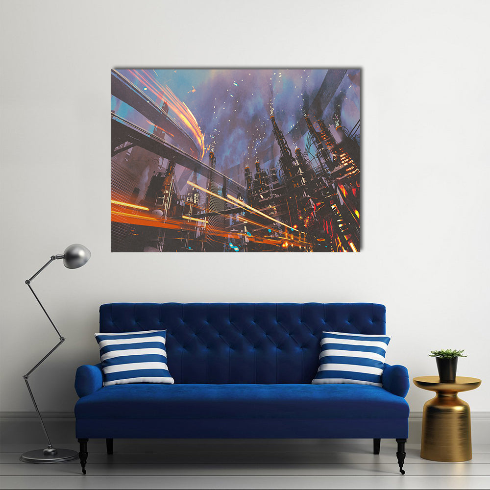 Futuristic Industrial Cityscape at Night Canvas Wall Art