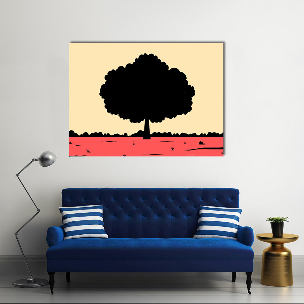 Black Tree Silhouette on Pink and Yellow Fields Canvas Wall Art