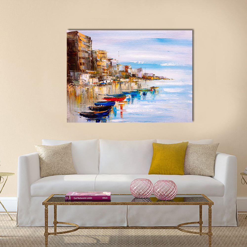 Abstract Harbor with Fishing Boats Canvas Wall Art