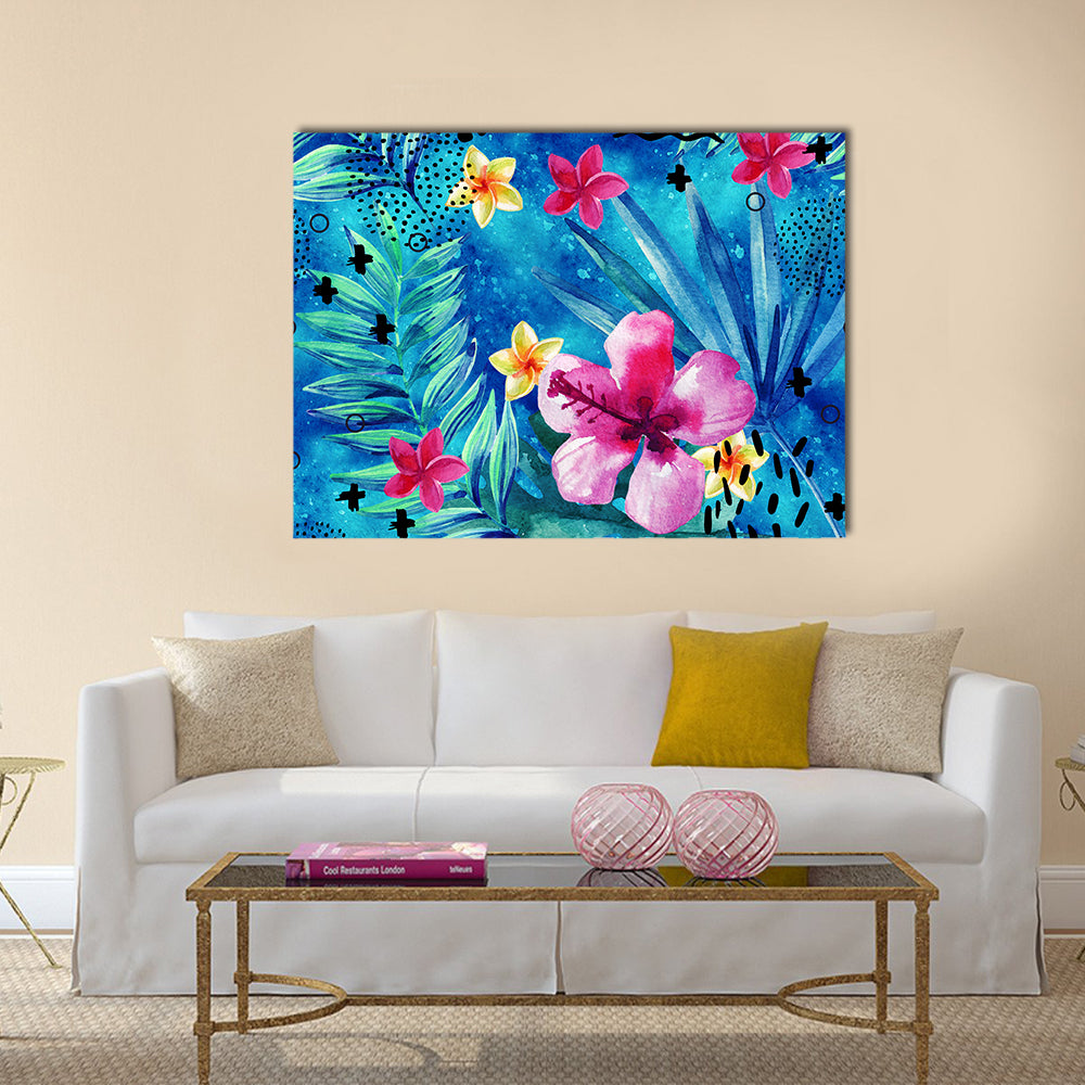 Tropical Hibiscus and Palm Leaf Pattern Canvas Wall Art