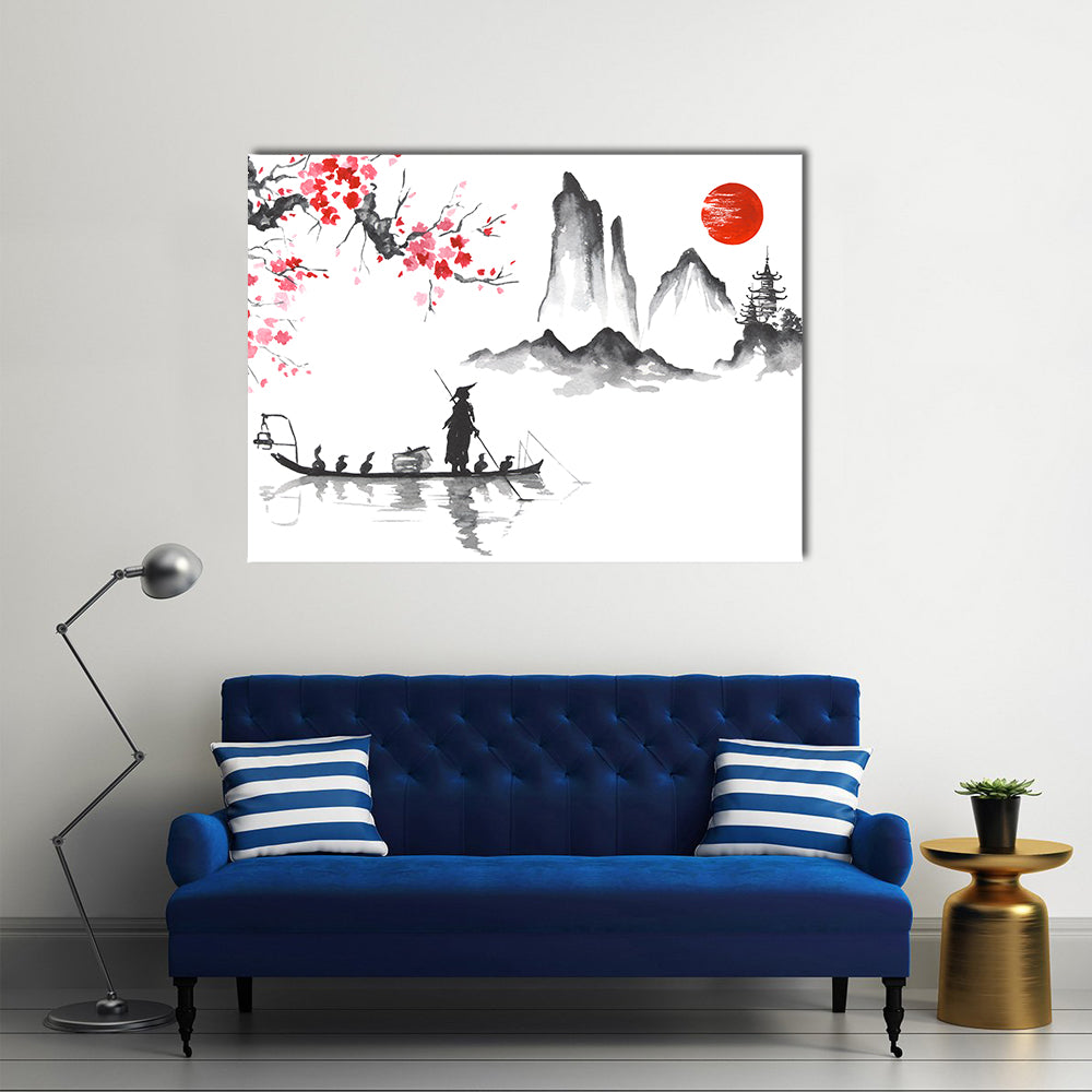 Japanese Ink Wash Fisherman at Sunrise Canvas Wall Art
