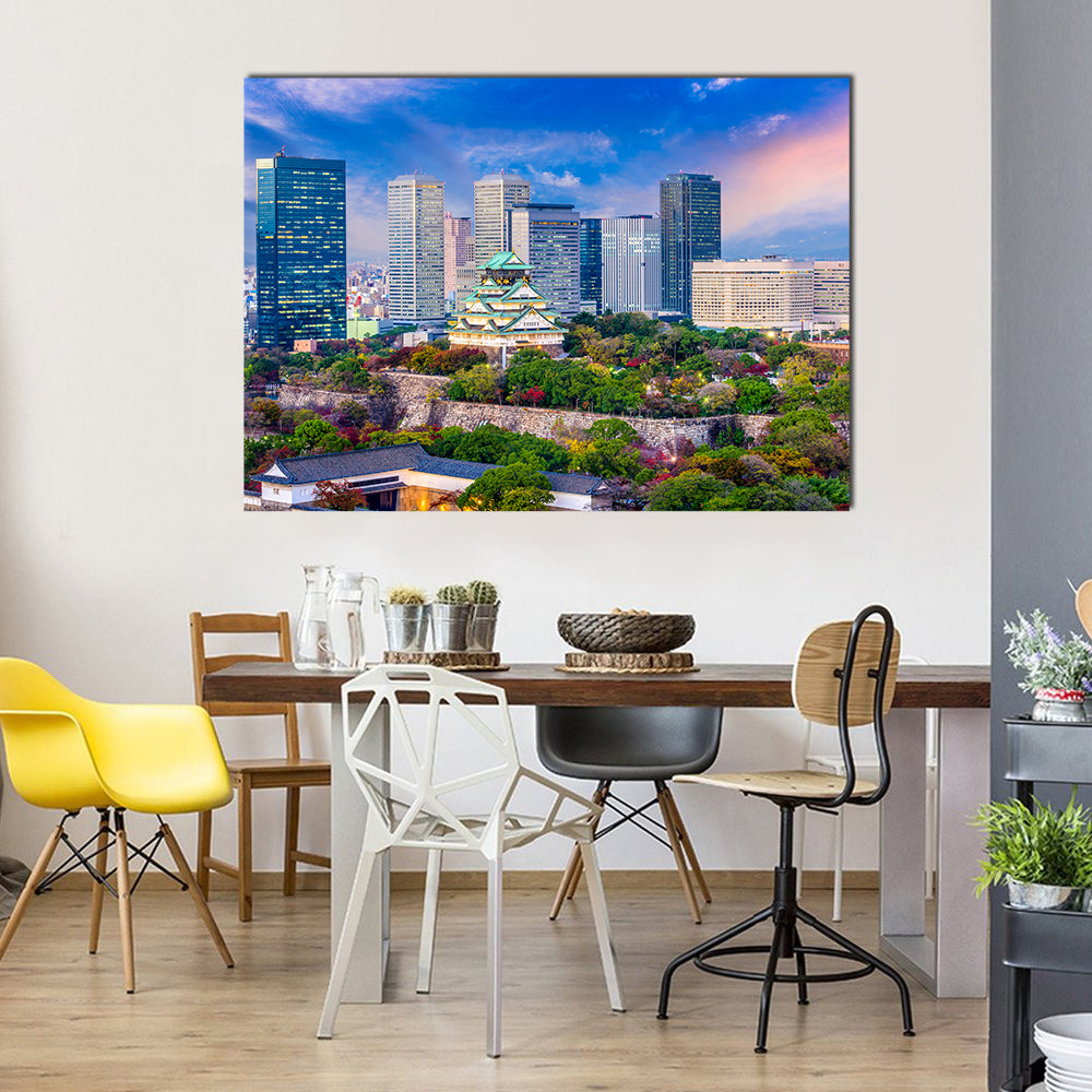 Osaka Castle and City Skyline at Dusk Canvas Wall Art