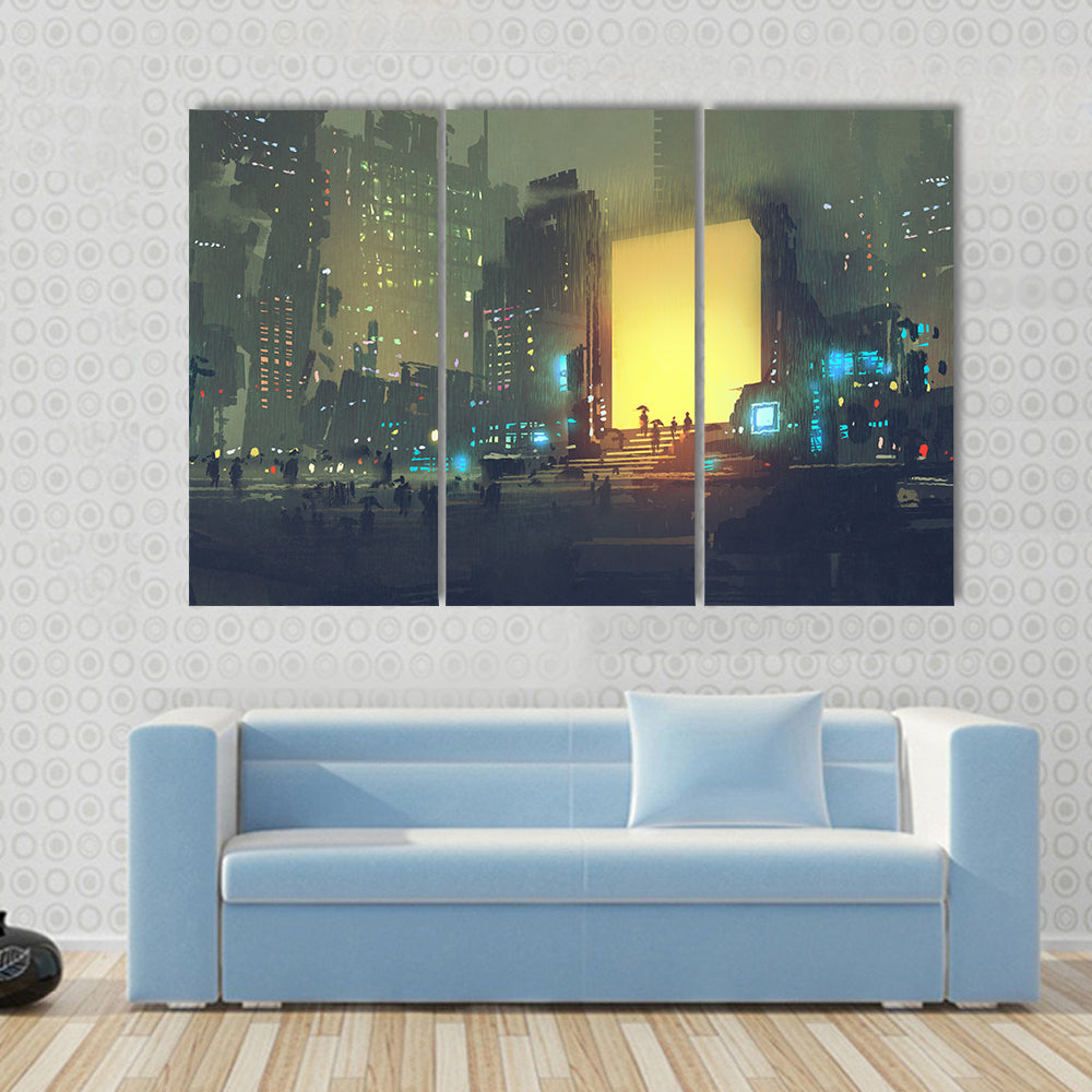 Rain-soaked Futuristic Cityscape Canvas Wall Art