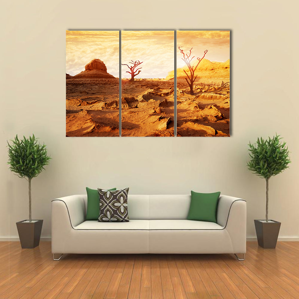 Sunset Over Dry Desert Canvas Wall Art