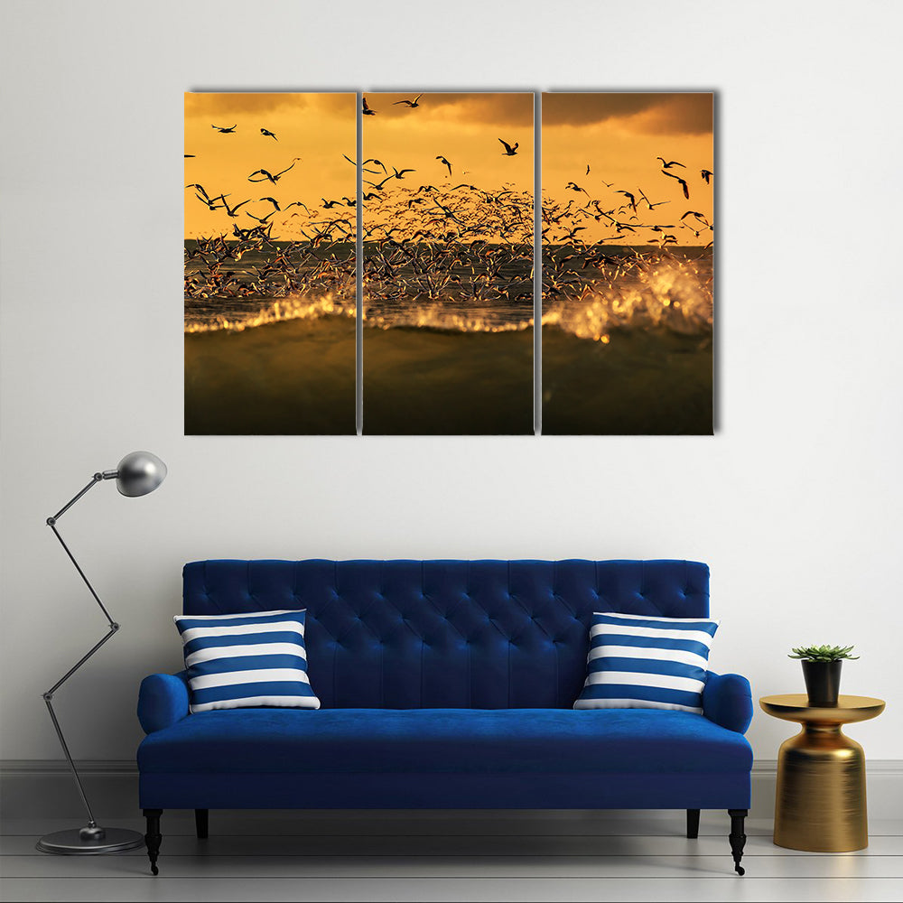 Seagulls Hovering Over Stormy Sea Canvas Wall Art