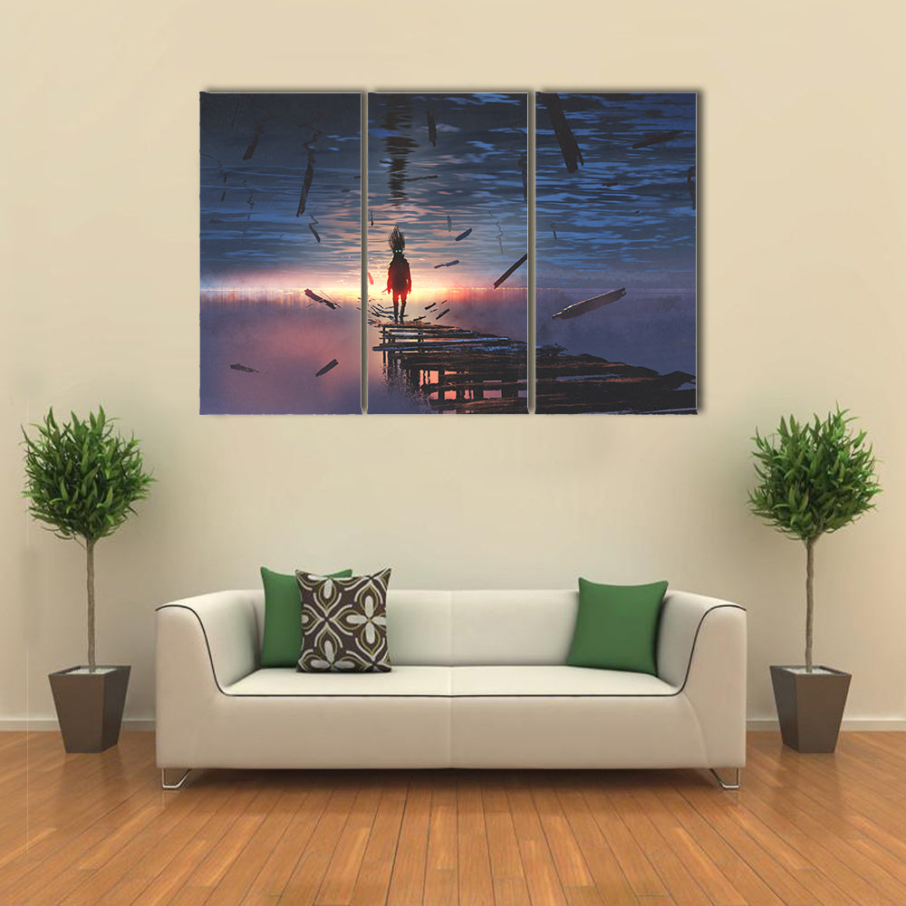 Hooded Figure on Broken Bridge Canvas Wall Art