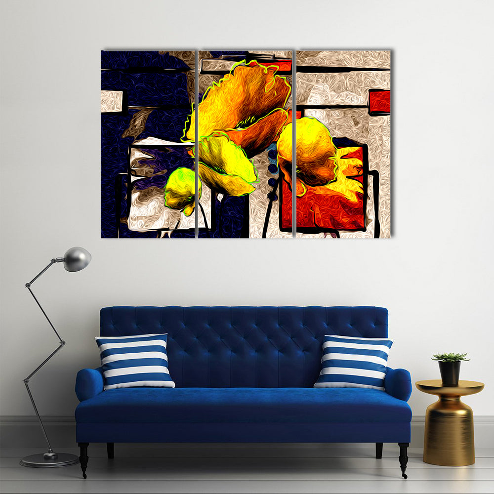 Yellow Poppy Abstract with Geometric Background Canvas Wall Art