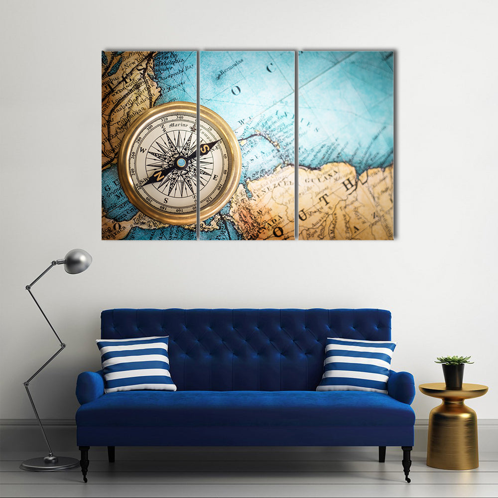 Brass Compass on Antique World Map Canvas Wall Art