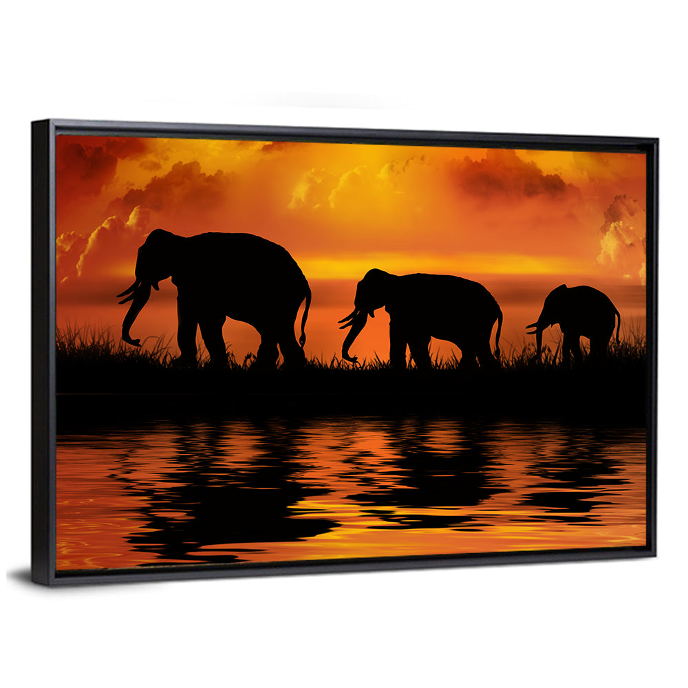 Three Elephants at Sunset Canvas Wall Art