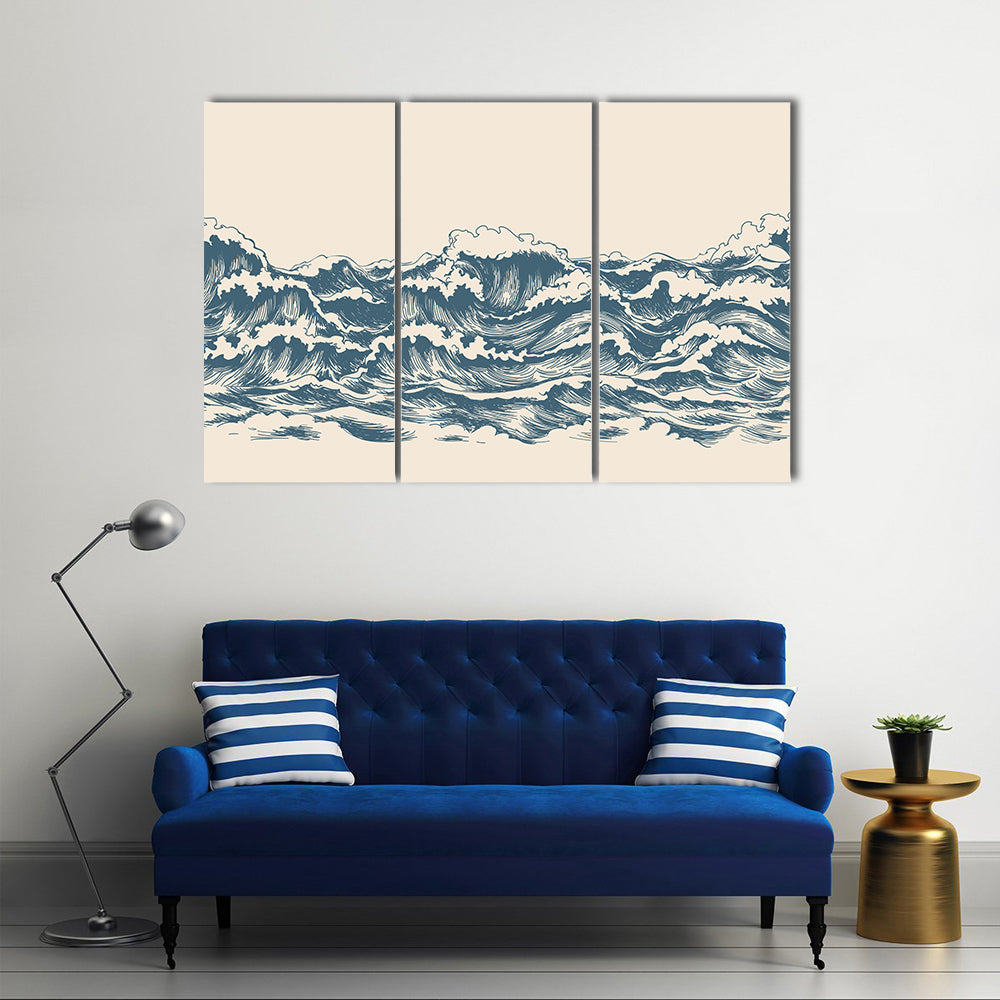 Ocean Waves Woodblock Sketch Canvas Wall Art