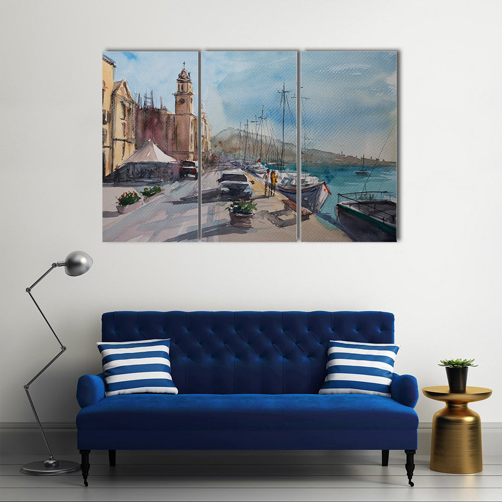 Harbor Town Sketch with Clock Tower Canvas Wall Art