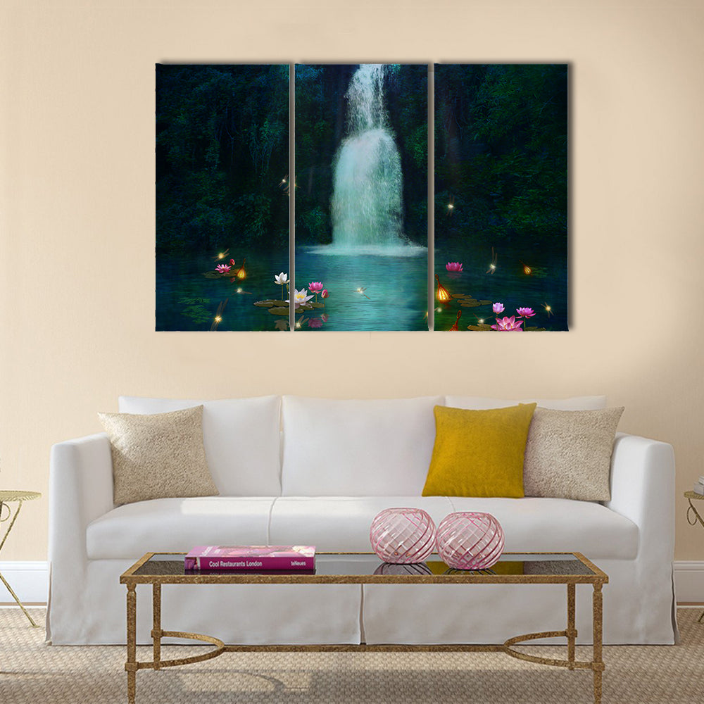 Waterfall with Lotus and Lanterns Canvas Wall Art