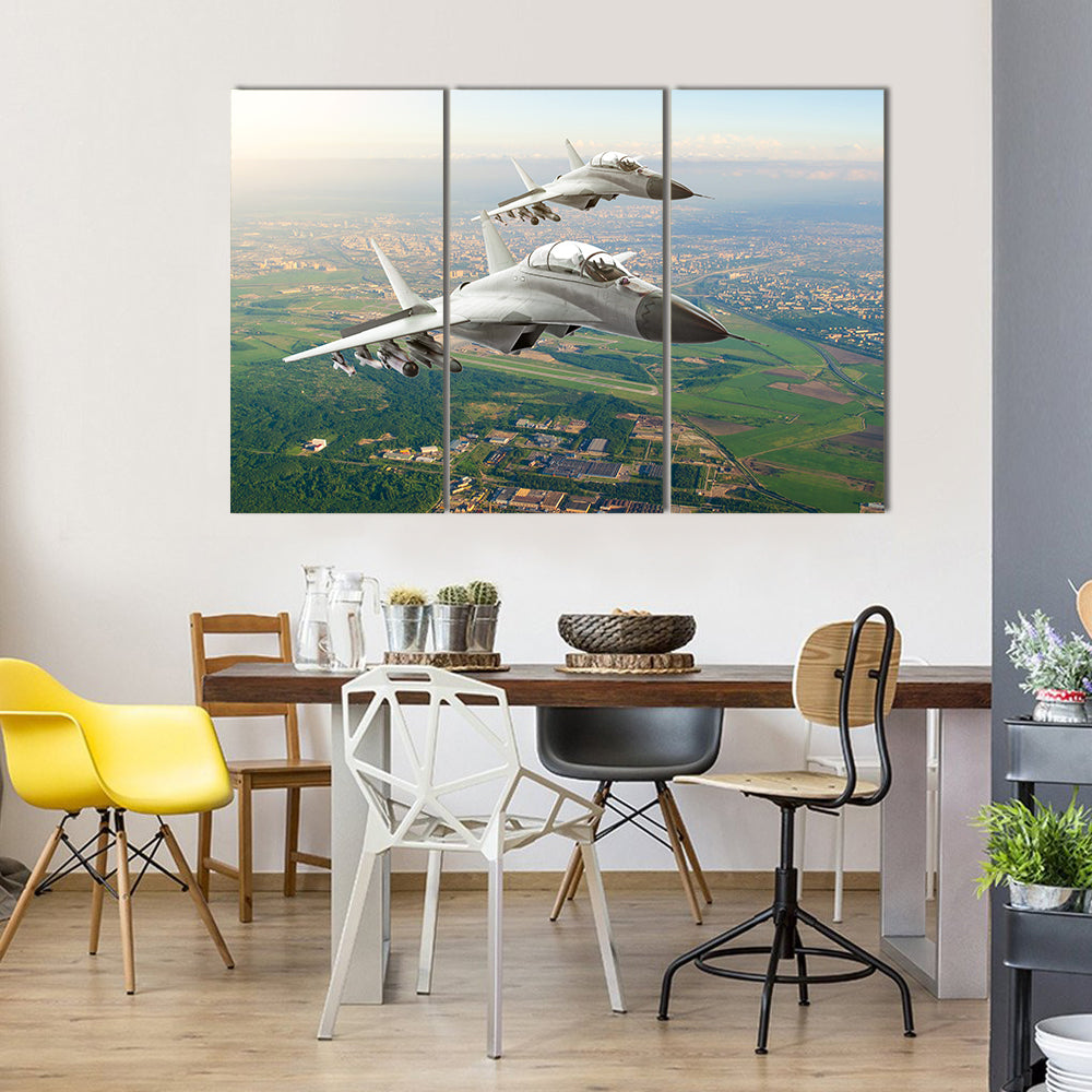 Twin Fighter Jets Over Airfield Canvas Wall Art