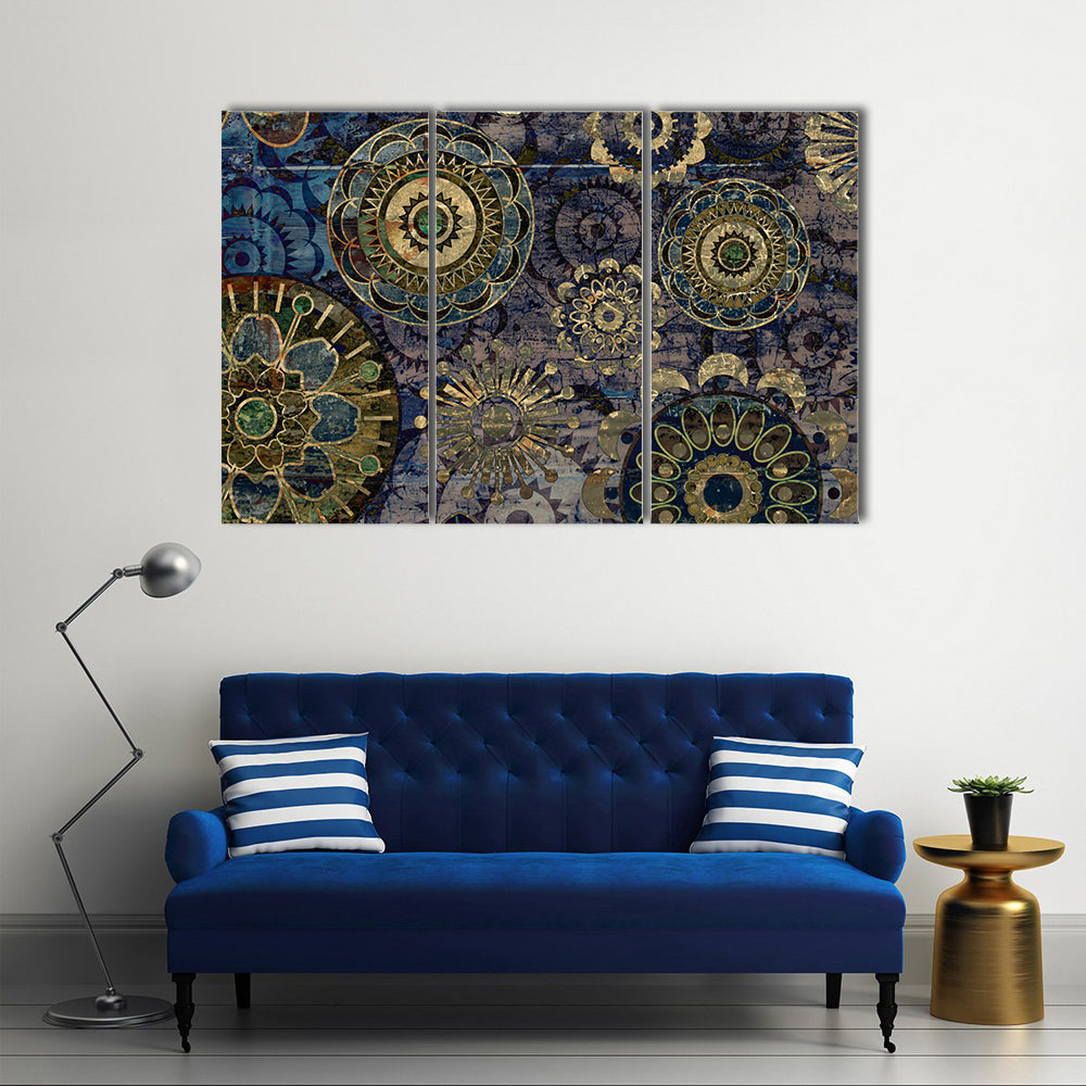 Vintage Floral Mandala Abstract in Navy and Gold Canvas Wall Art