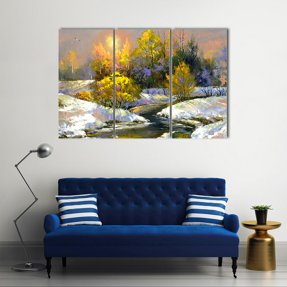 Winter River Through Snowy Forest Canvas Wall Art