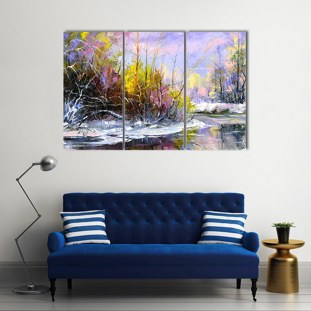 Winter River at Sunset Canvas Wall Art