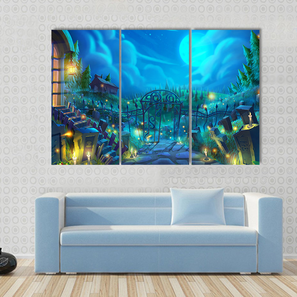 Moonlit Graveyard with Iron Gate Canvas Wall Art