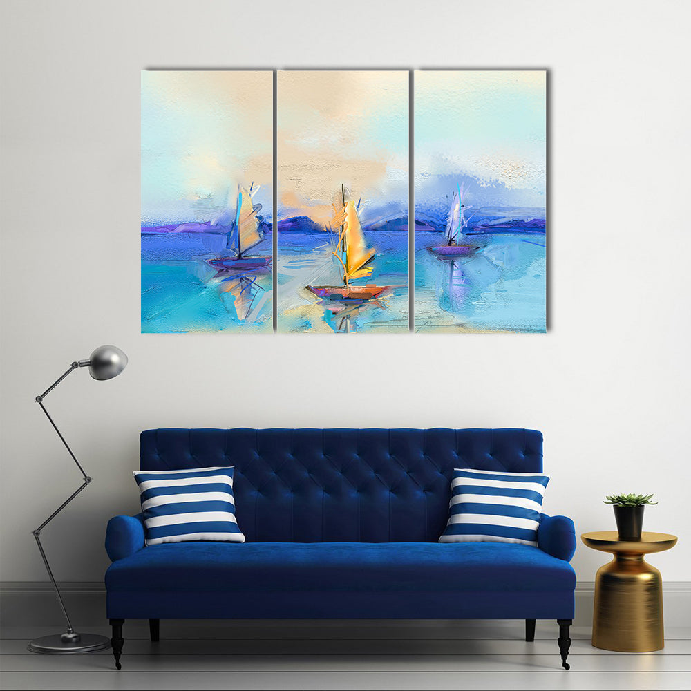 Textured Oil Seascape with Three Sailboats Canvas Wall Art