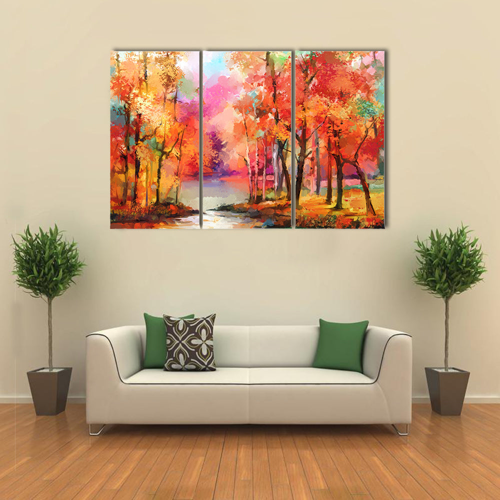 Autumn Forest with River Canvas Wall Art