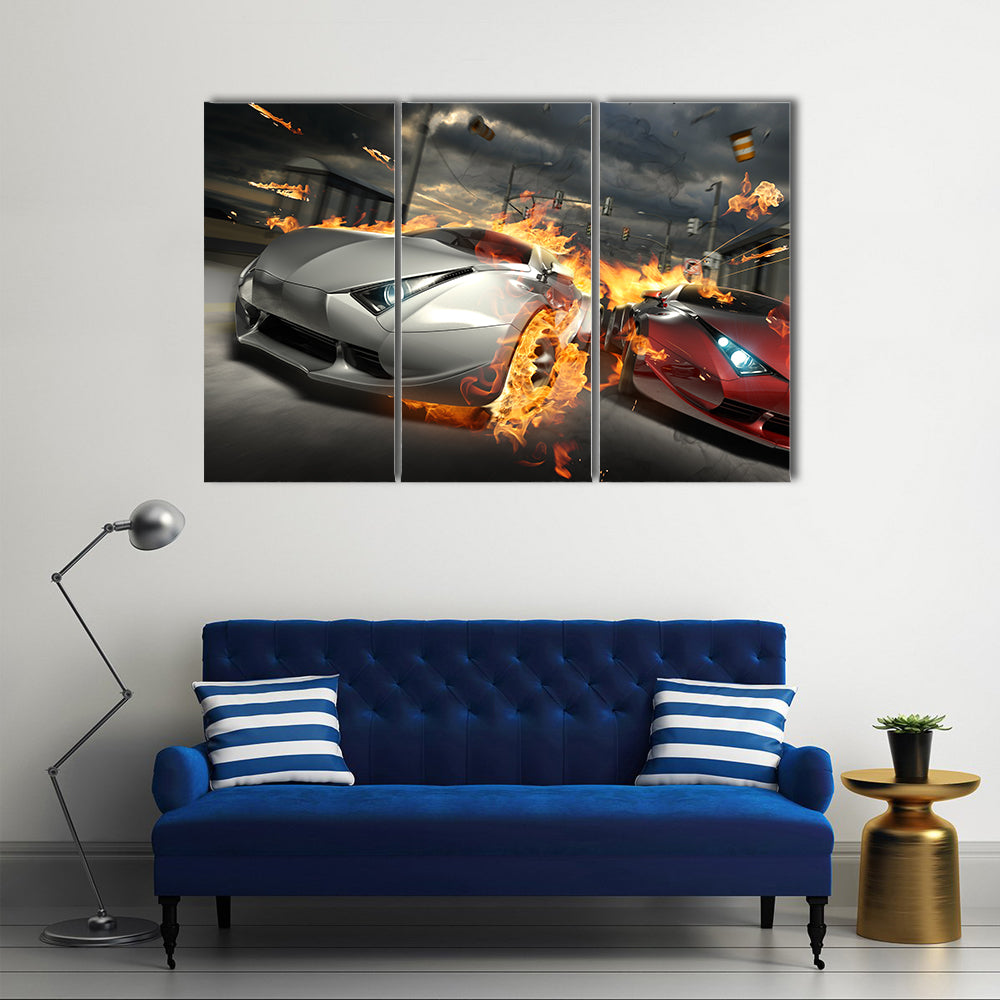 Futuristic Street Car Chase Canvas Wall Art