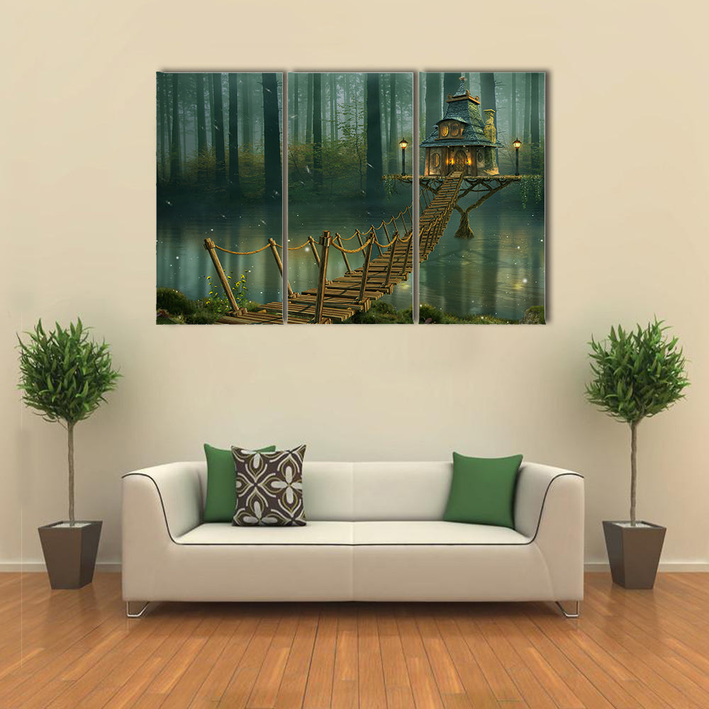 Fairy House on Tree Trunk with Rope Bridge Canvas Wall Art