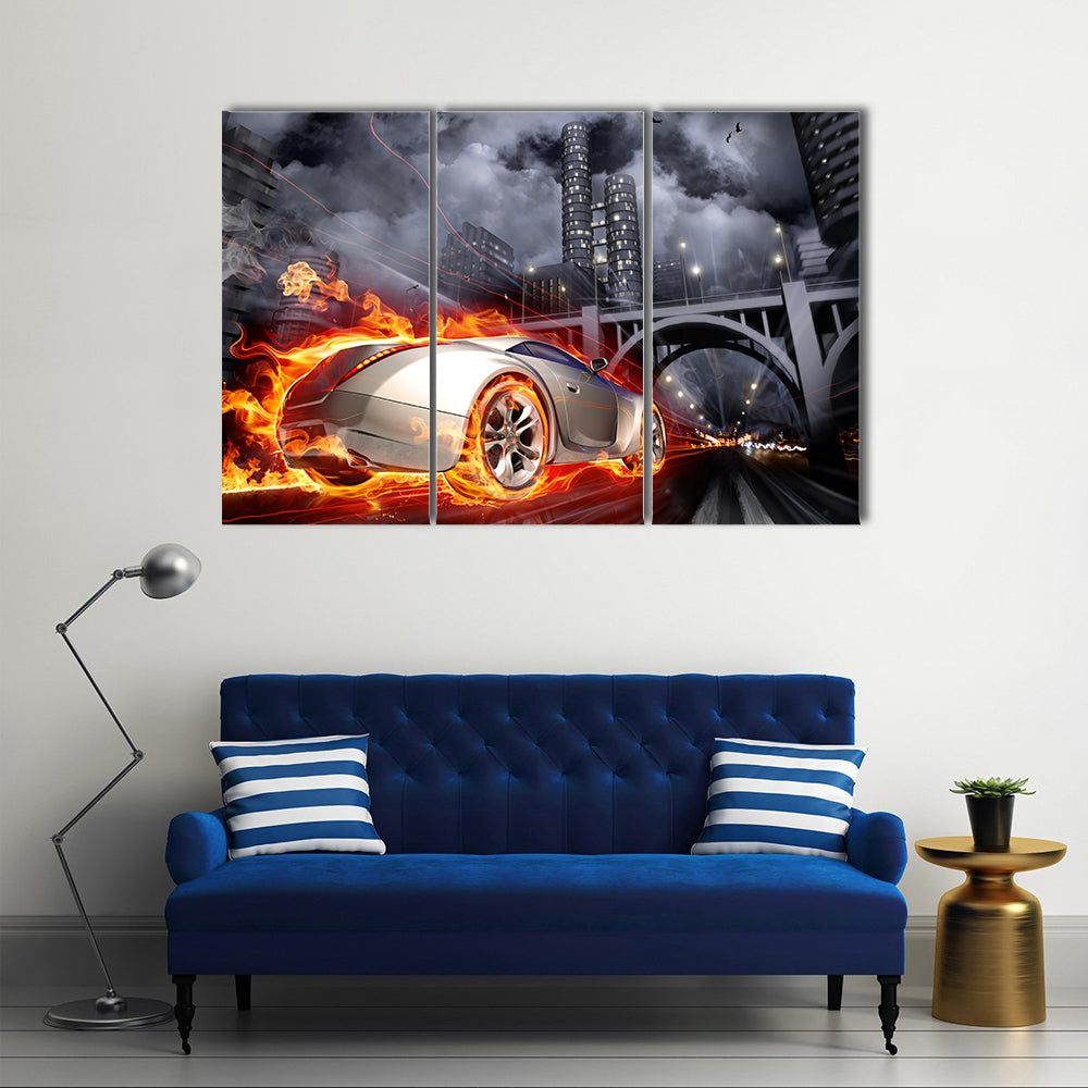 Flaming Sports Car at Night Canvas Wall Art