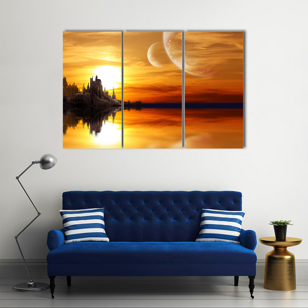 Alien Planet Sunset with Twin Moons Canvas Wall Art