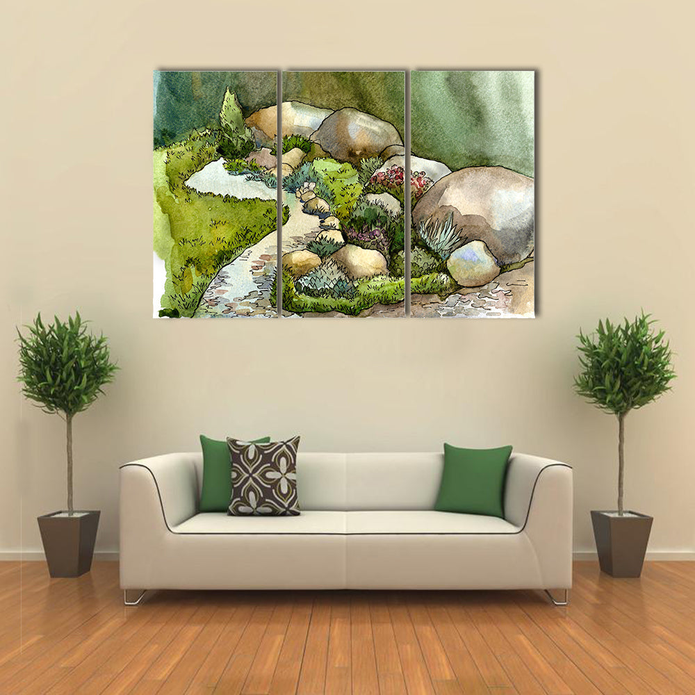 Watercolor Creek in Rock Garden Canvas Wall Art