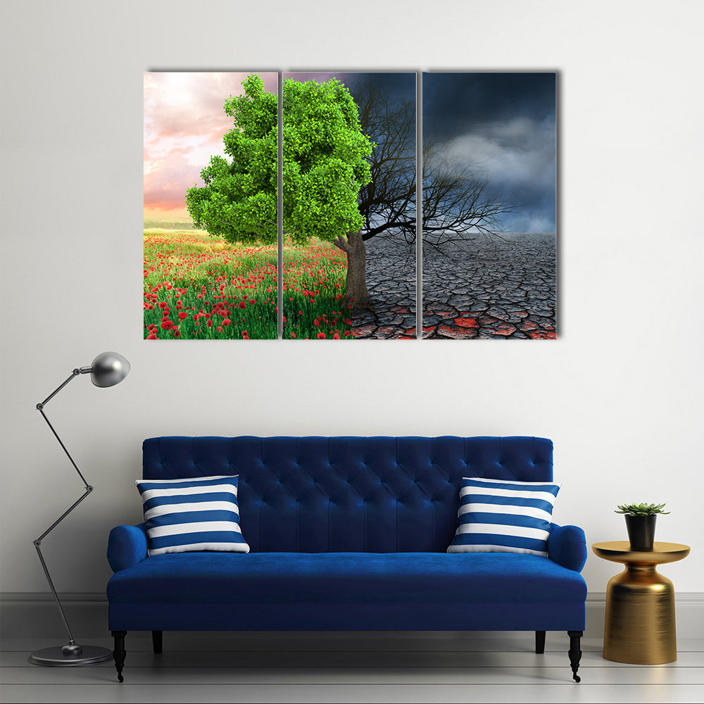 Split Tree with Poppies and Cracked Earth Canvas Wall Art