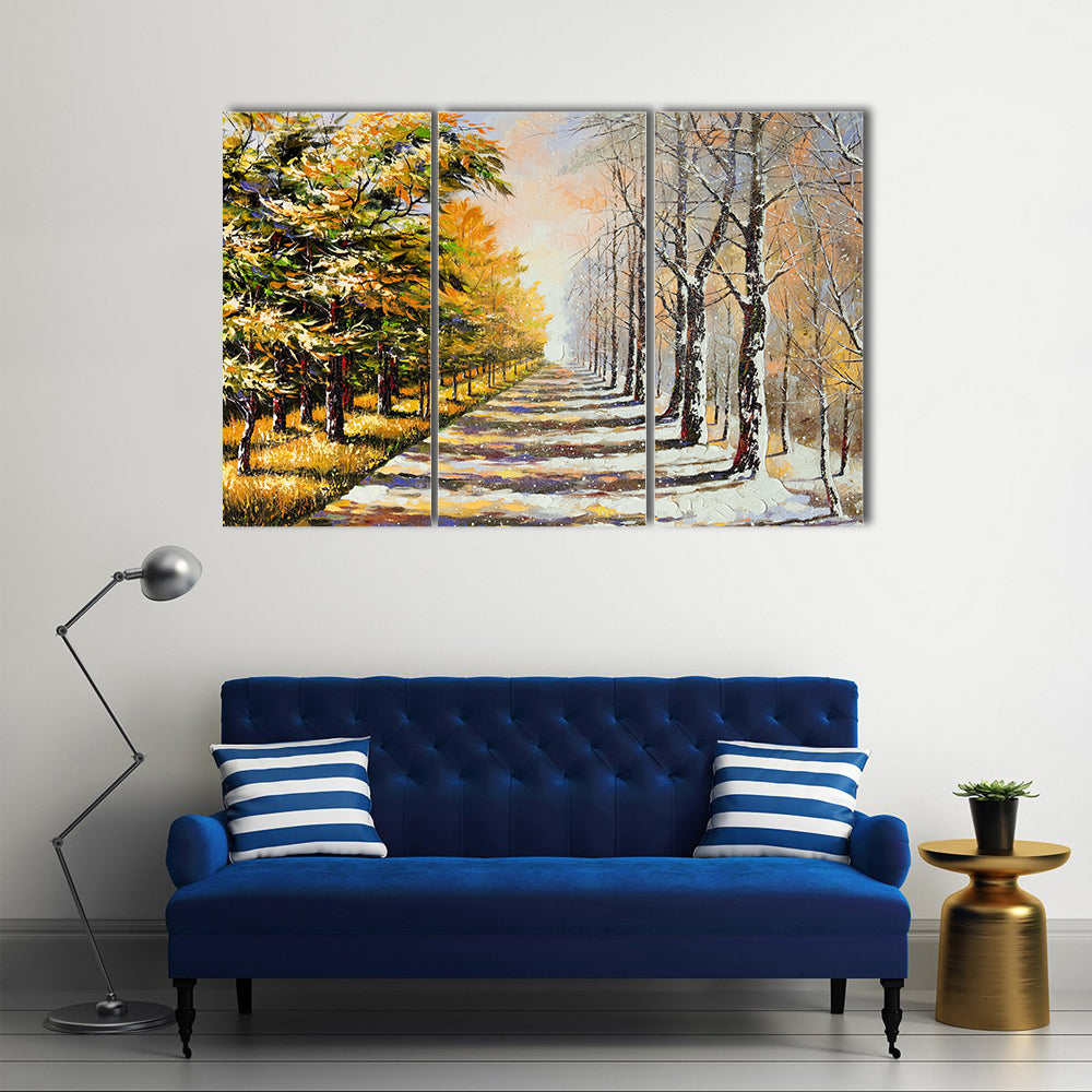 Autumn Walkway with Snow Canvas Wall Art