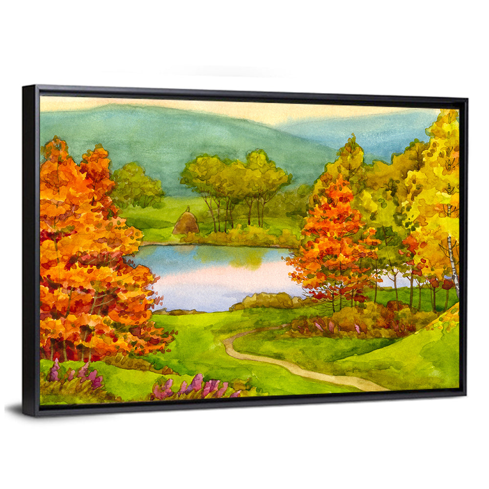 Autumn Lake with Winding Path Canvas Wall Art