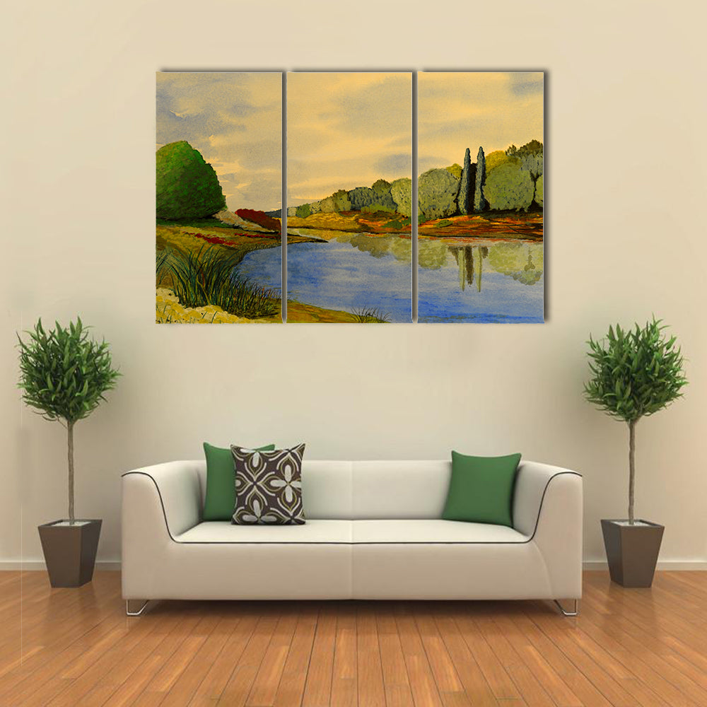 Golden River Bend Watercolor Canvas Wall Art