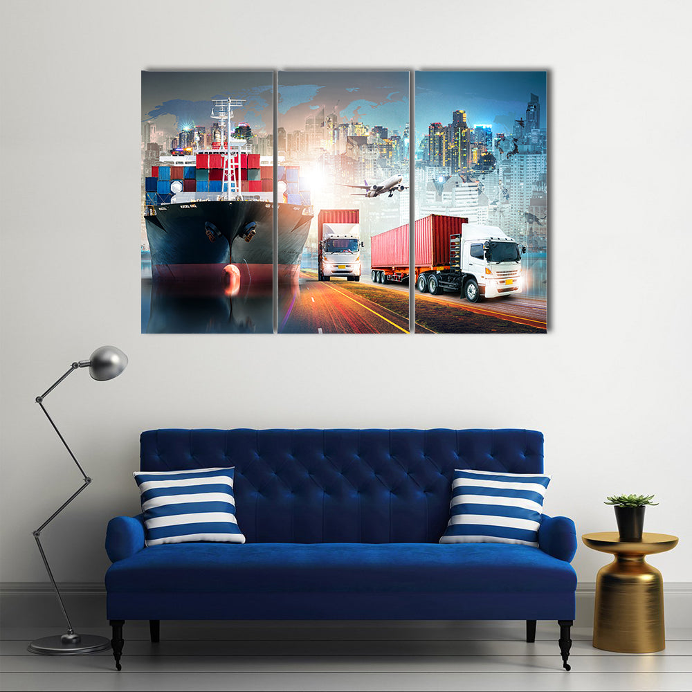 Global Logistics Collage with Cargo Ship and Containers Canvas Wall Art