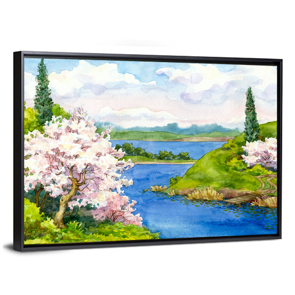 Watercolor Spring Cherry Blossom Landscape Canvas Wall Art