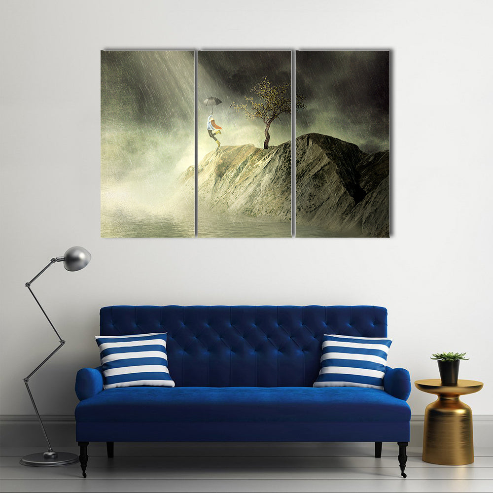 Person with Umbrella on Rainy Cliff Canvas Wall Art