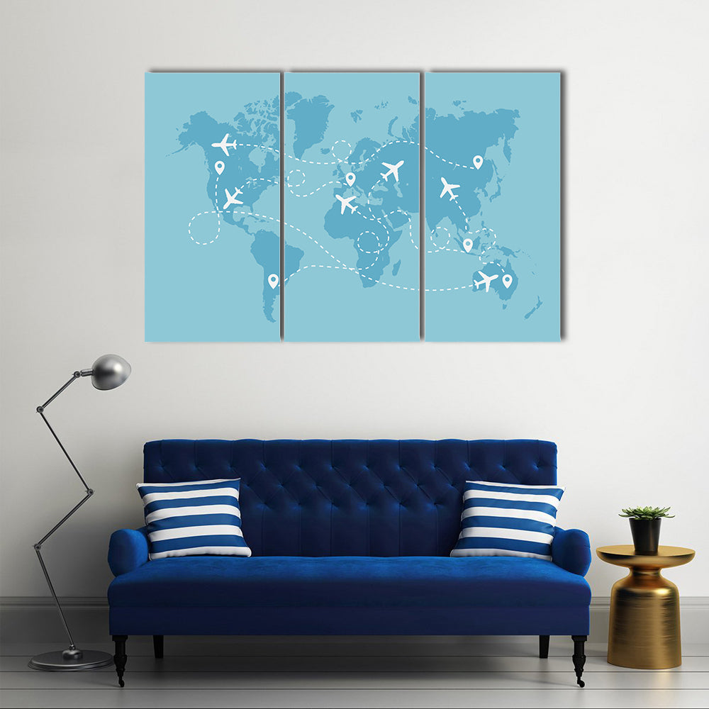 Airplane Travel Route On World Map Canvas Wall Art